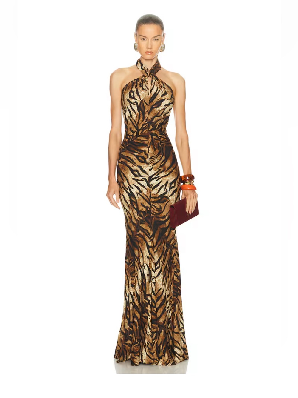 Ronny Kobo Affina Dress Tiger Print Halter Evening Gown in Brown and Black